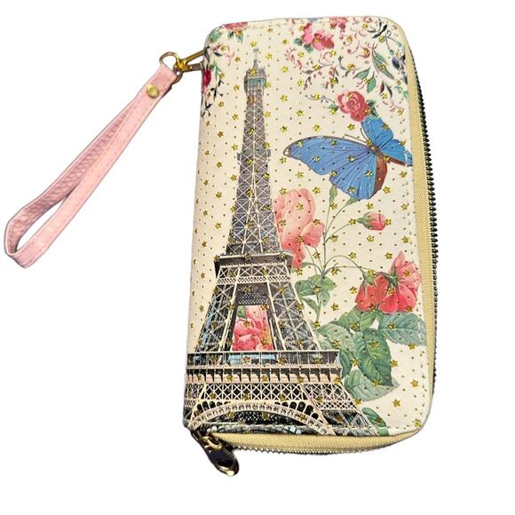 Paris Vegan Leather Wallet Eiffel Tower Butterfly Wrist Strap Wristlet Bling - Picture 1 of 10
